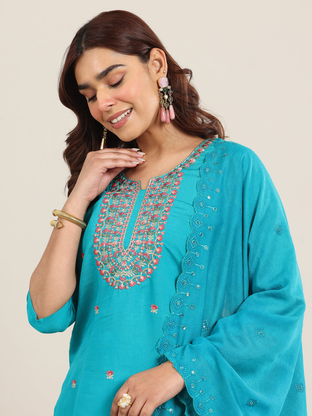  Teal Embroidered Silk Blend Straight Suit With Dupatta 