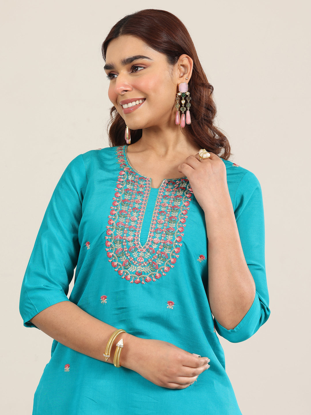  Teal Embroidered Silk Blend Straight Suit With Dupatta 
