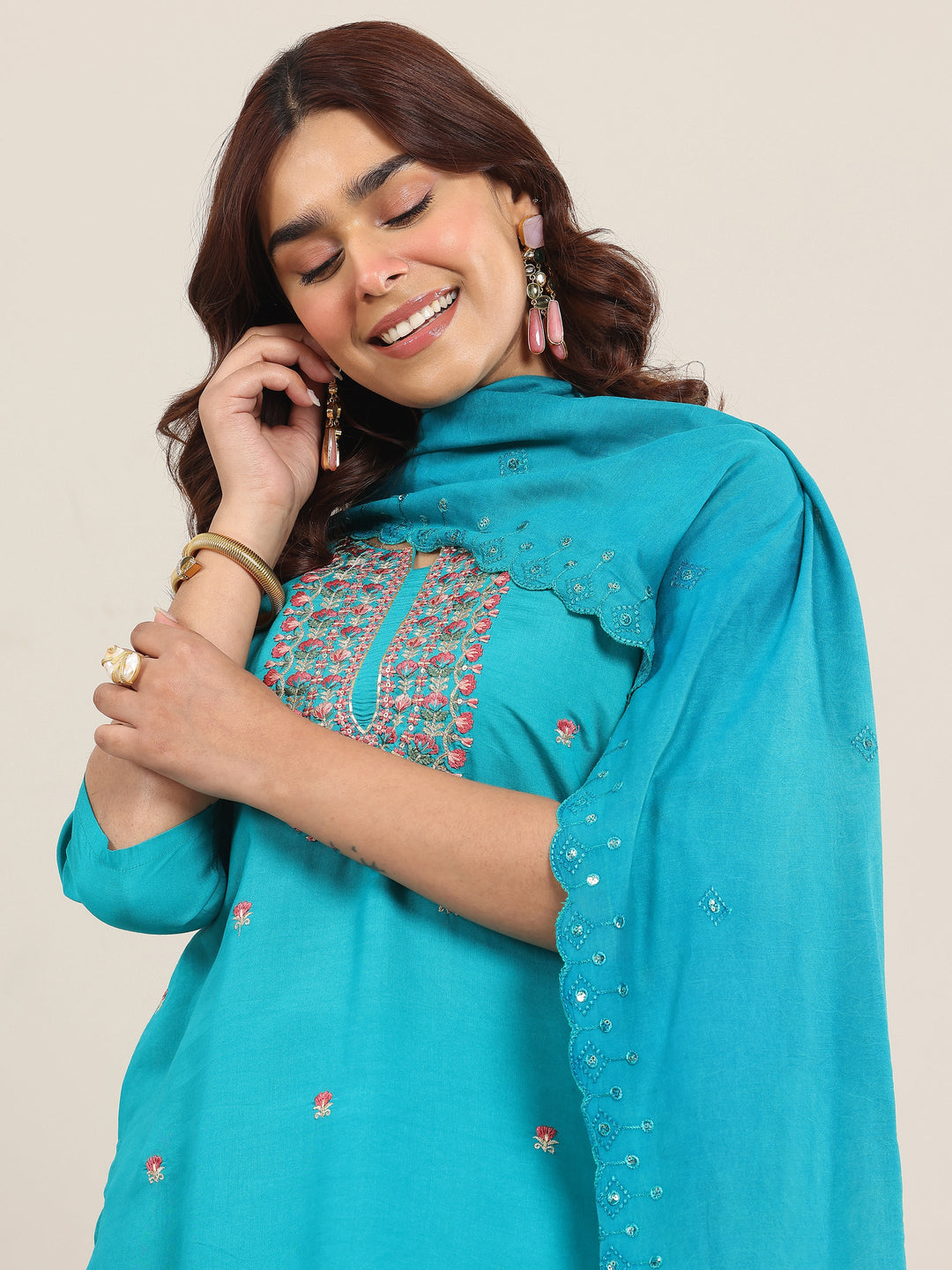  Teal Embroidered Silk Blend Straight Suit With Dupatta 