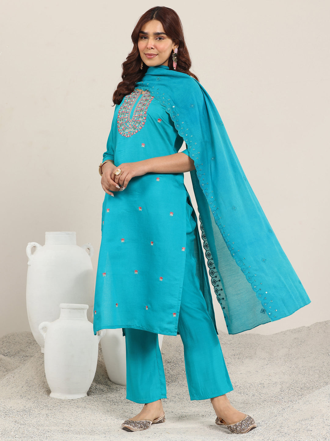  Teal Embroidered Silk Blend Straight Suit With Dupatta 