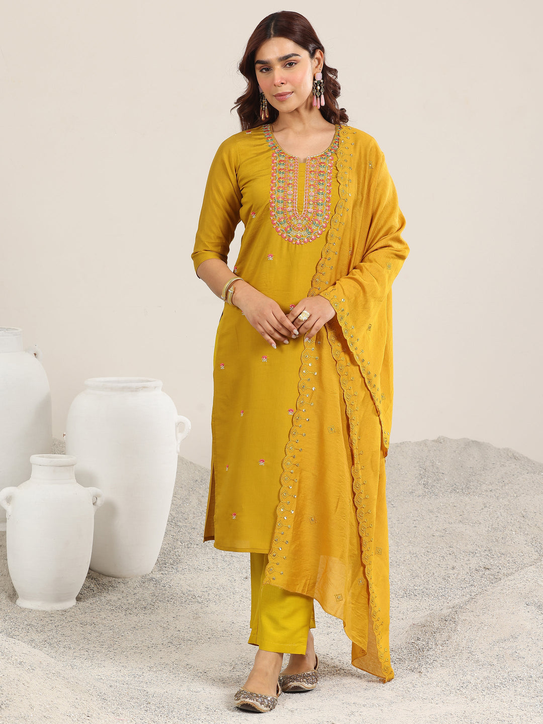 Yellow Embroidered Silk Blend Straight Suit With Dupatta 