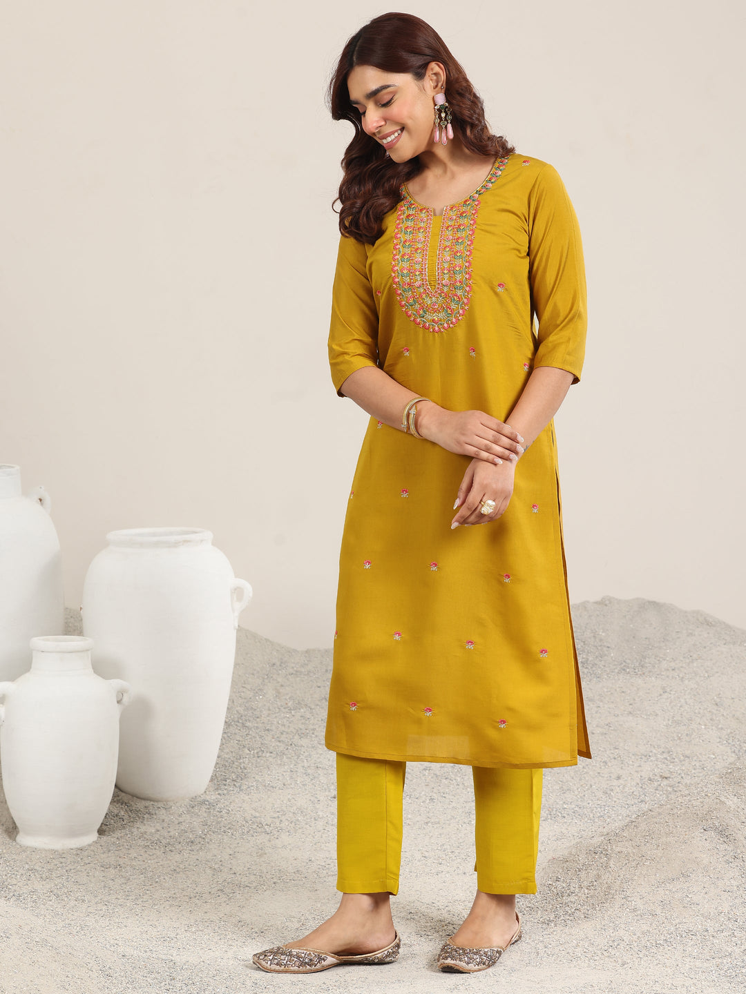  Yellow Embroidered Silk Blend Straight Suit With Dupatta 