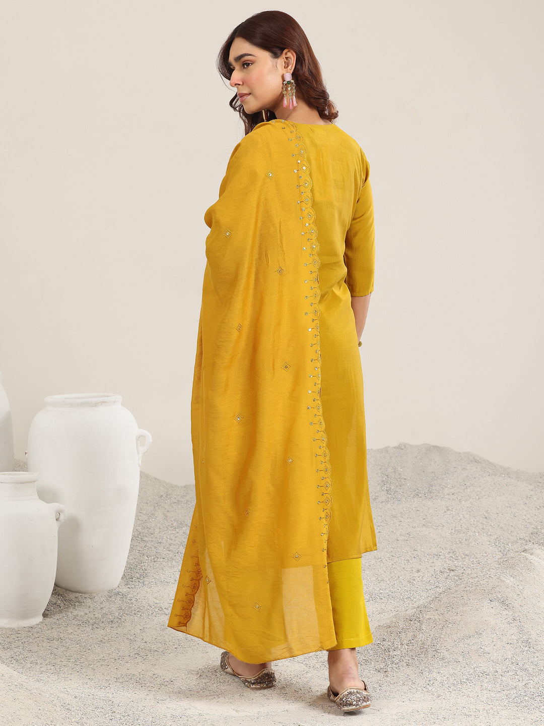  Yellow Embroidered Silk Blend Straight Suit With Dupatta 