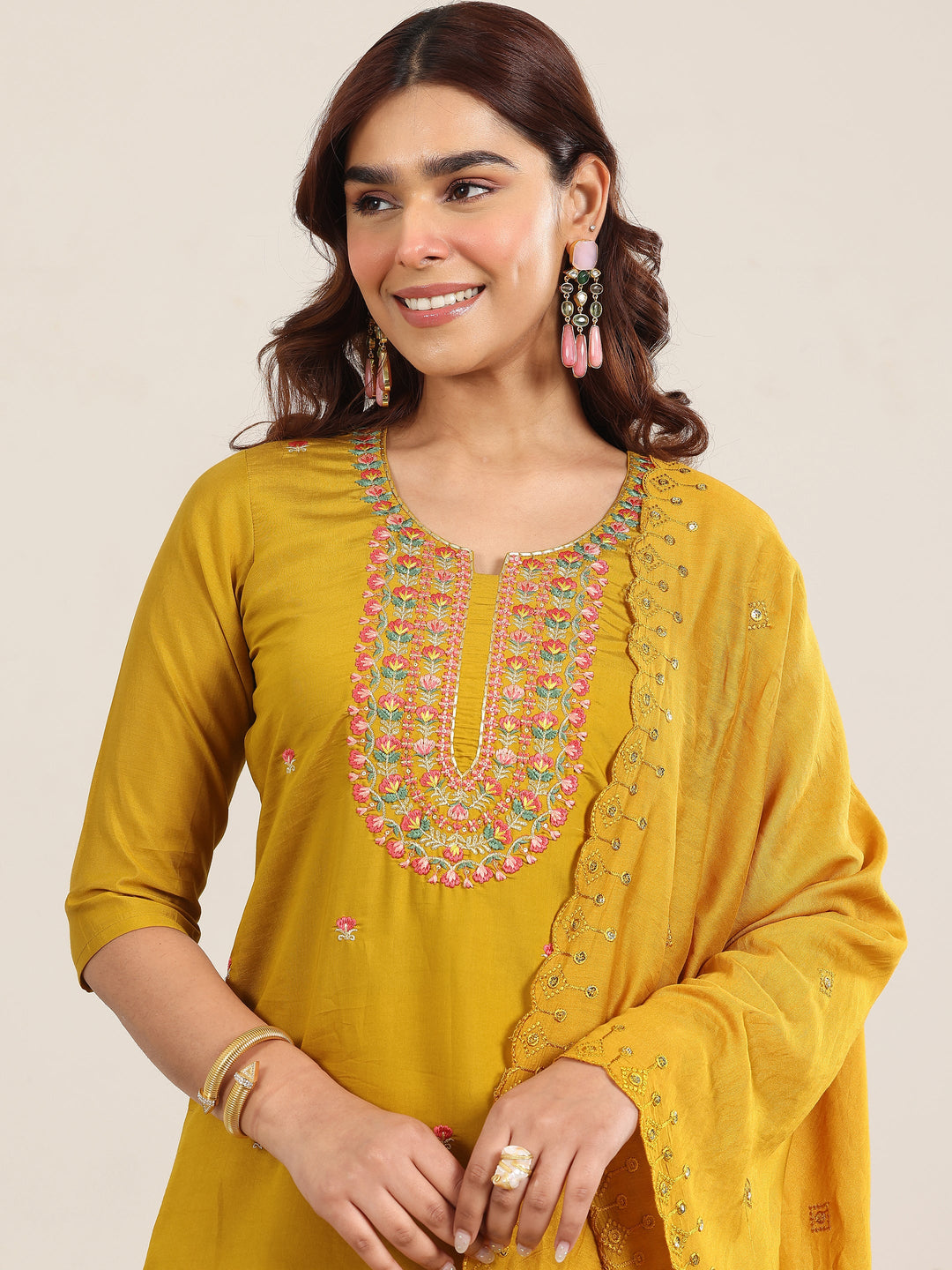  Yellow Embroidered Silk Blend Straight Suit With Dupatta 