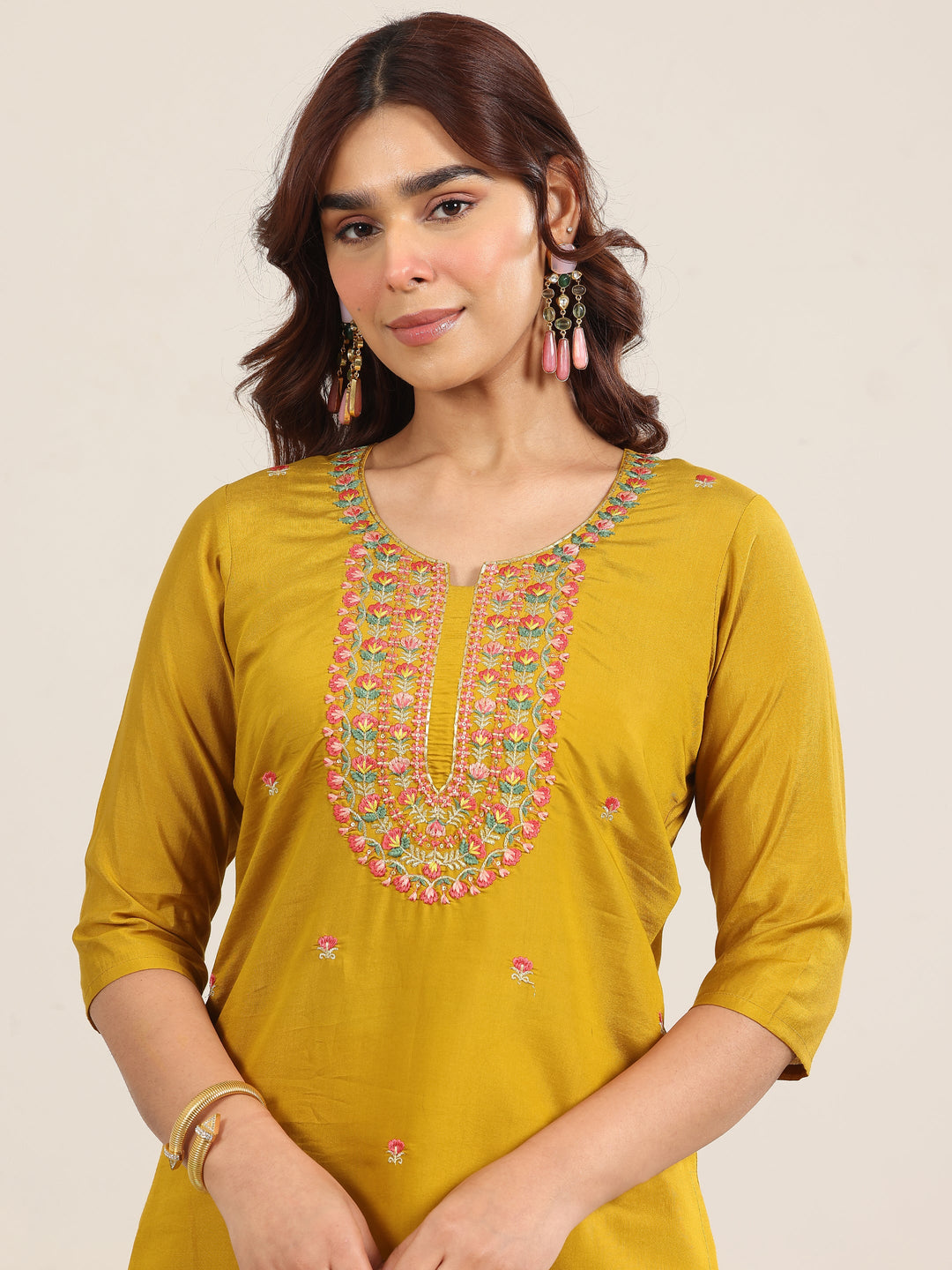  Yellow Embroidered Silk Blend Straight Suit With Dupatta 