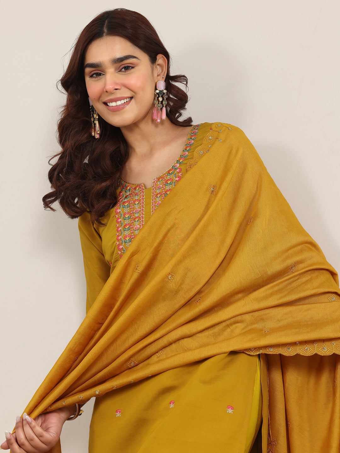  Yellow Embroidered Silk Blend Straight Suit With Dupatta 