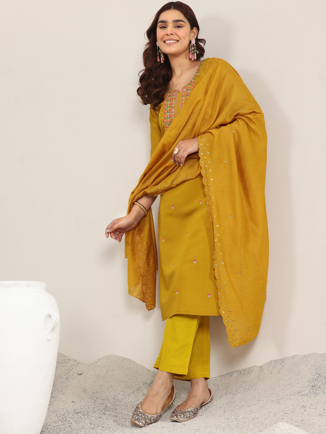  Yellow Embroidered Silk Blend Straight Suit With Dupatta 