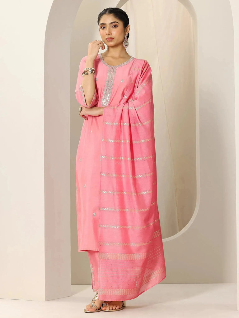 Gerua Peach Embroidered Silk Blend Straight Suit Set With Dupatta