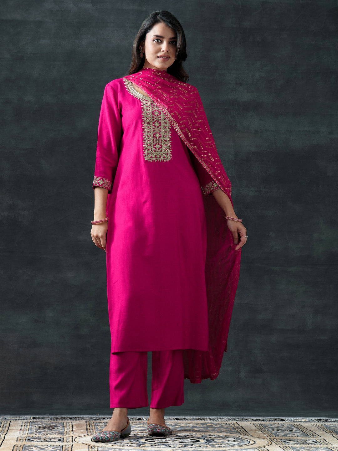 Pink Yoke Design Silk Blend Straight Suit Set With Dupatta