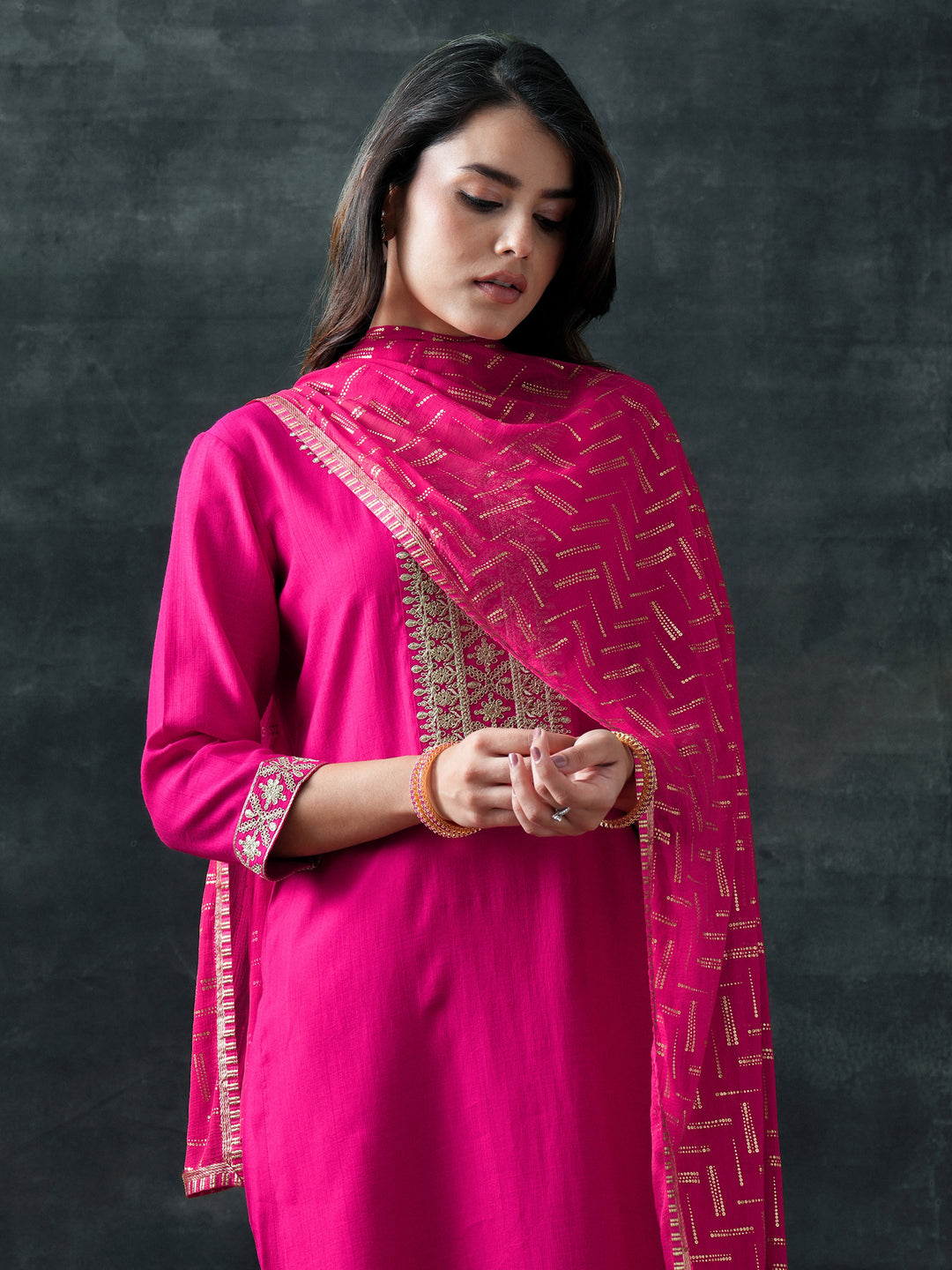  Pink Yoke Design Silk Blend Straight Suit Set With Dupatta 