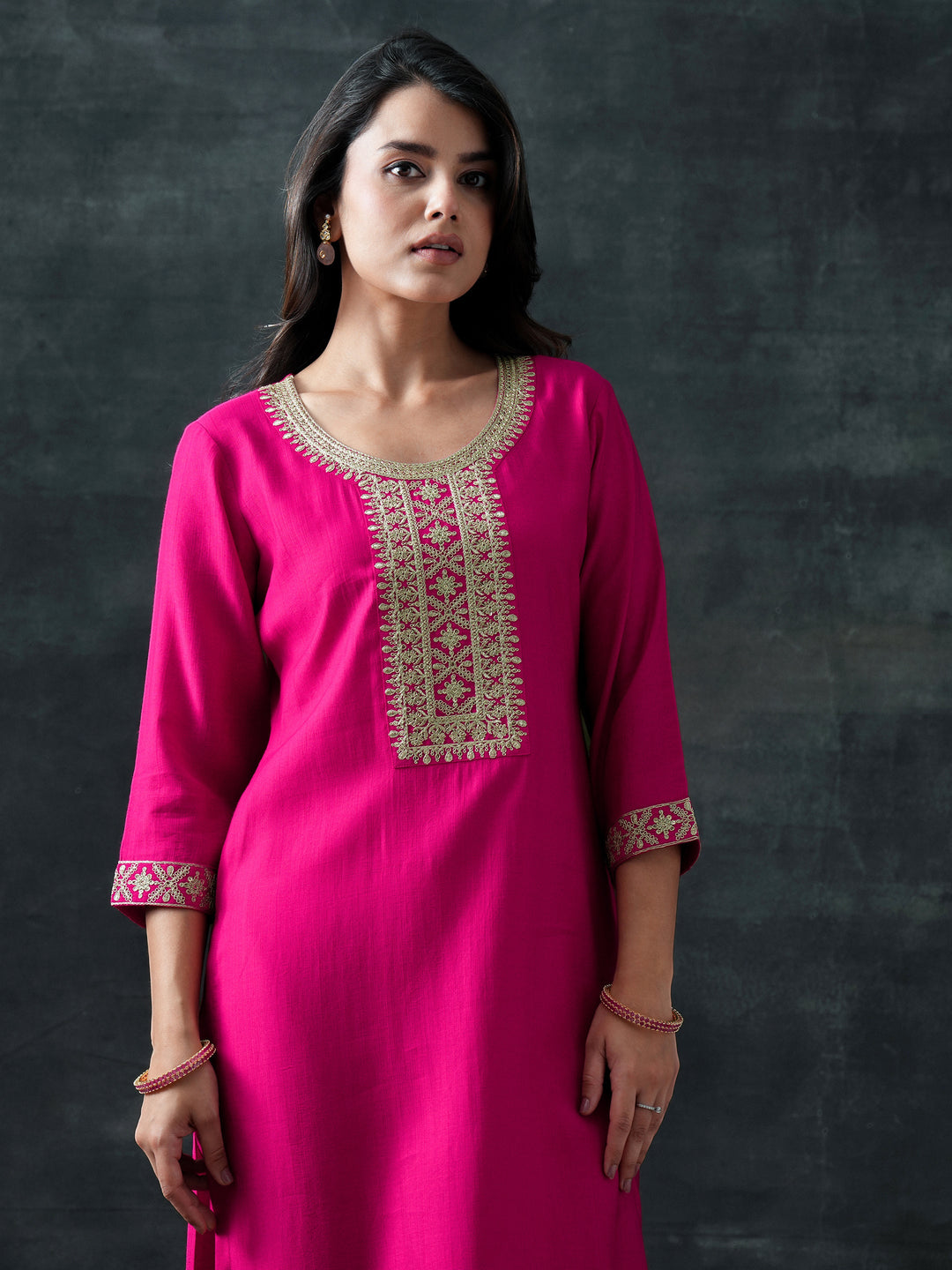  Pink Yoke Design Silk Blend Straight Suit Set With Dupatta 