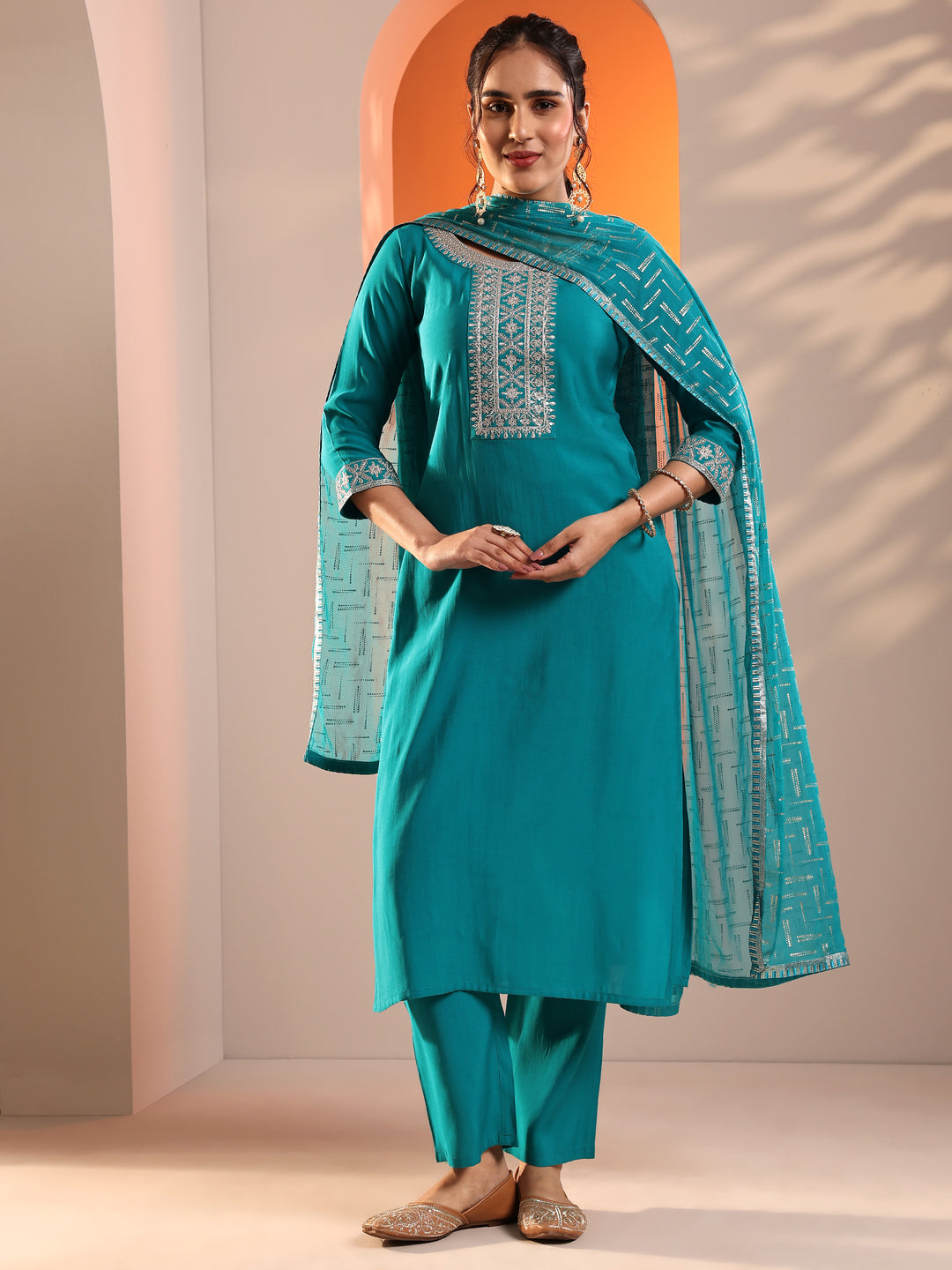  Teal Yoke Design Silk Blend Straight Suit Set With Dupatta 