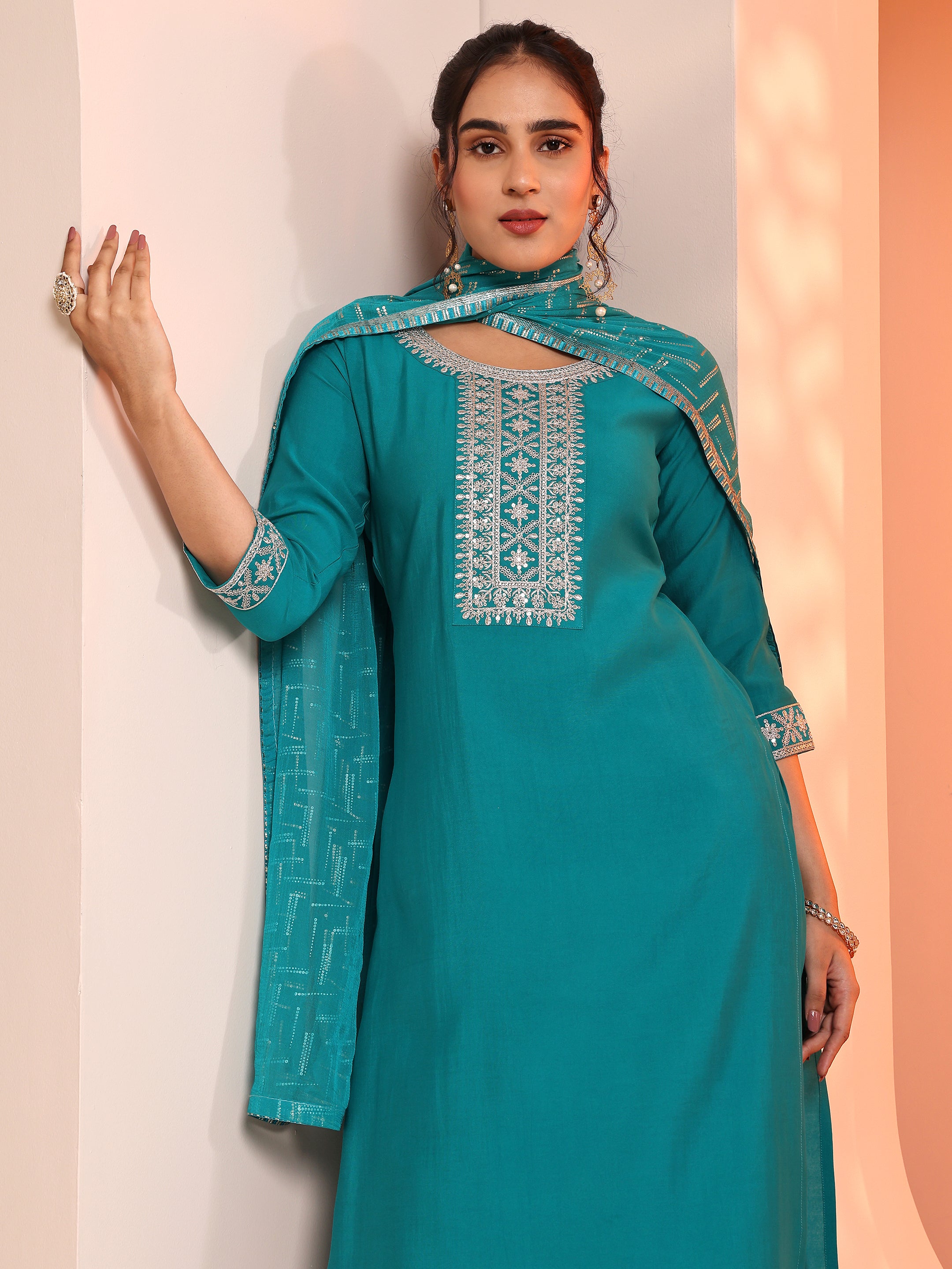 libas Teal Yoke Design Silk Blend Straight Suit Set With Dupatta-picture-17