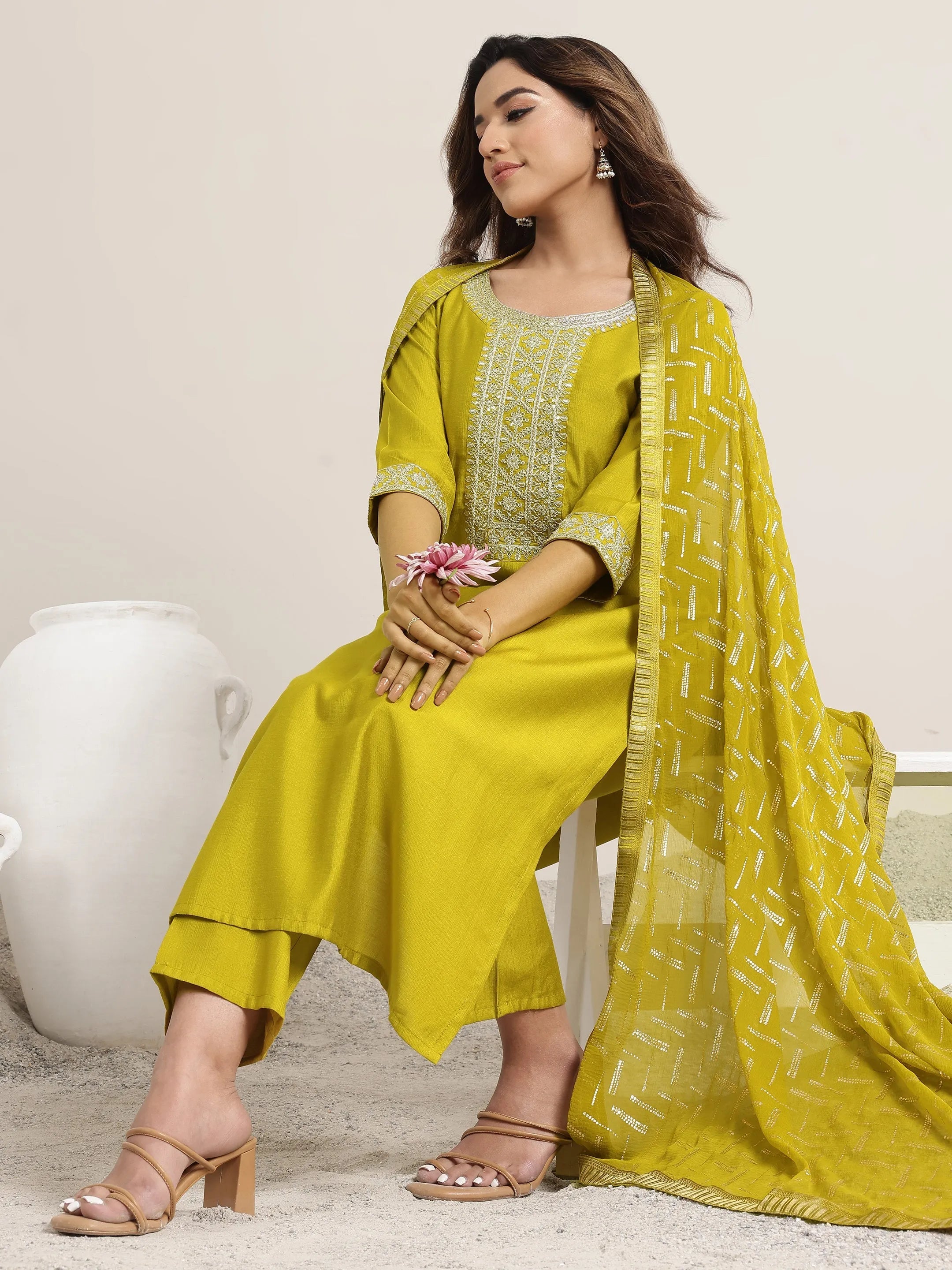 libas Green Yoke Design Silk Blend Straight Suit Set With Dupatta-picture-29