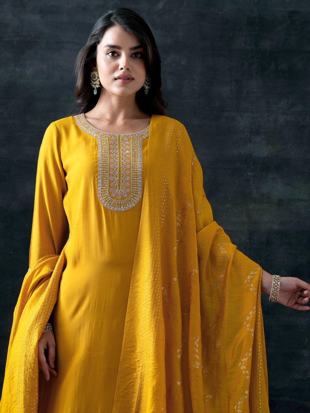  Yellow Yoke Design Silk Blend Straight Suit With Dupatta 