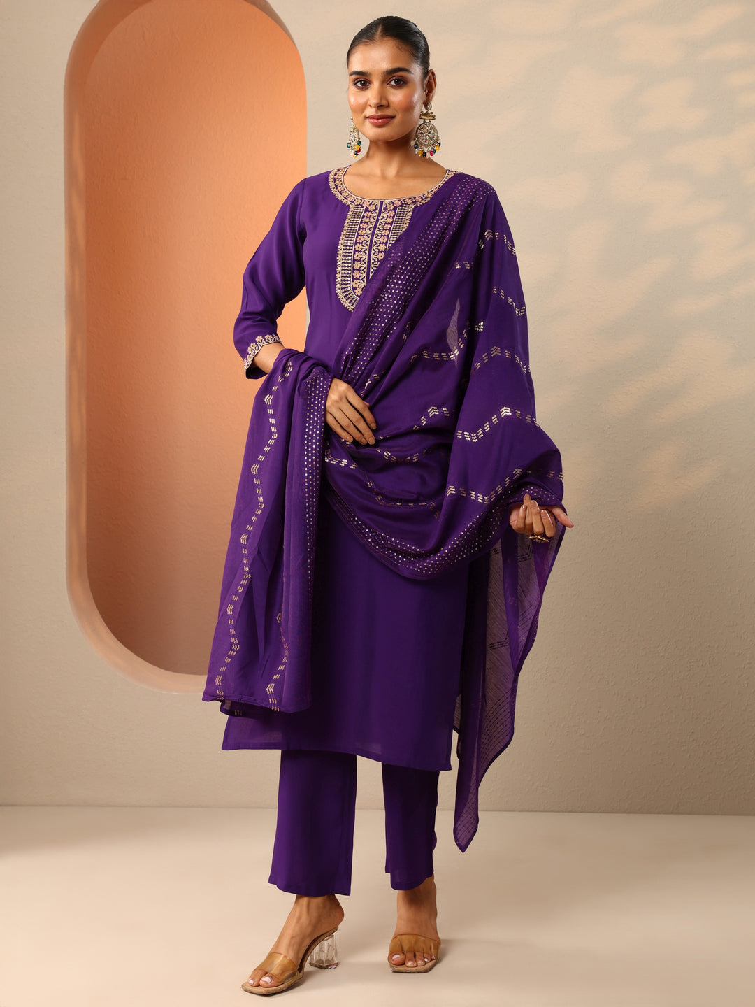  Purple Embroidered Silk Blend Straight Suit Set With Dupatta 