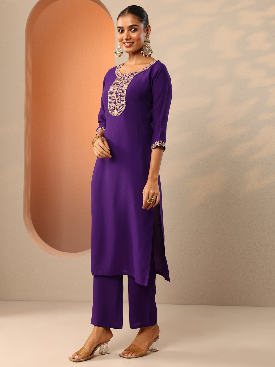  Purple Embroidered Silk Blend Straight Suit Set With Dupatta 