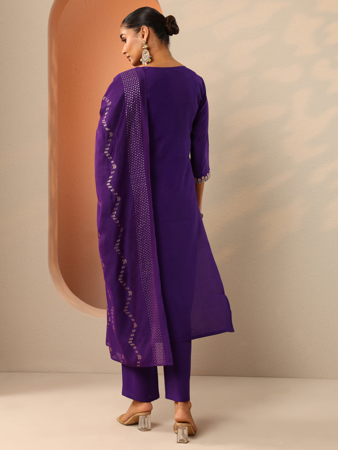  Purple Embroidered Silk Blend Straight Suit Set With Dupatta 