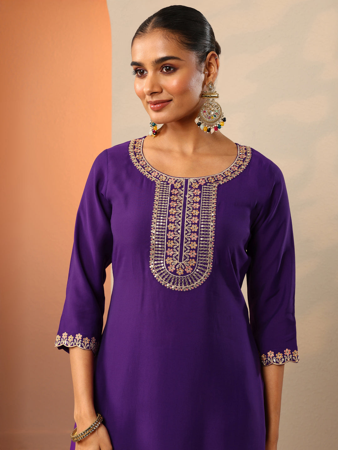  Purple Embroidered Silk Blend Straight Suit Set With Dupatta 