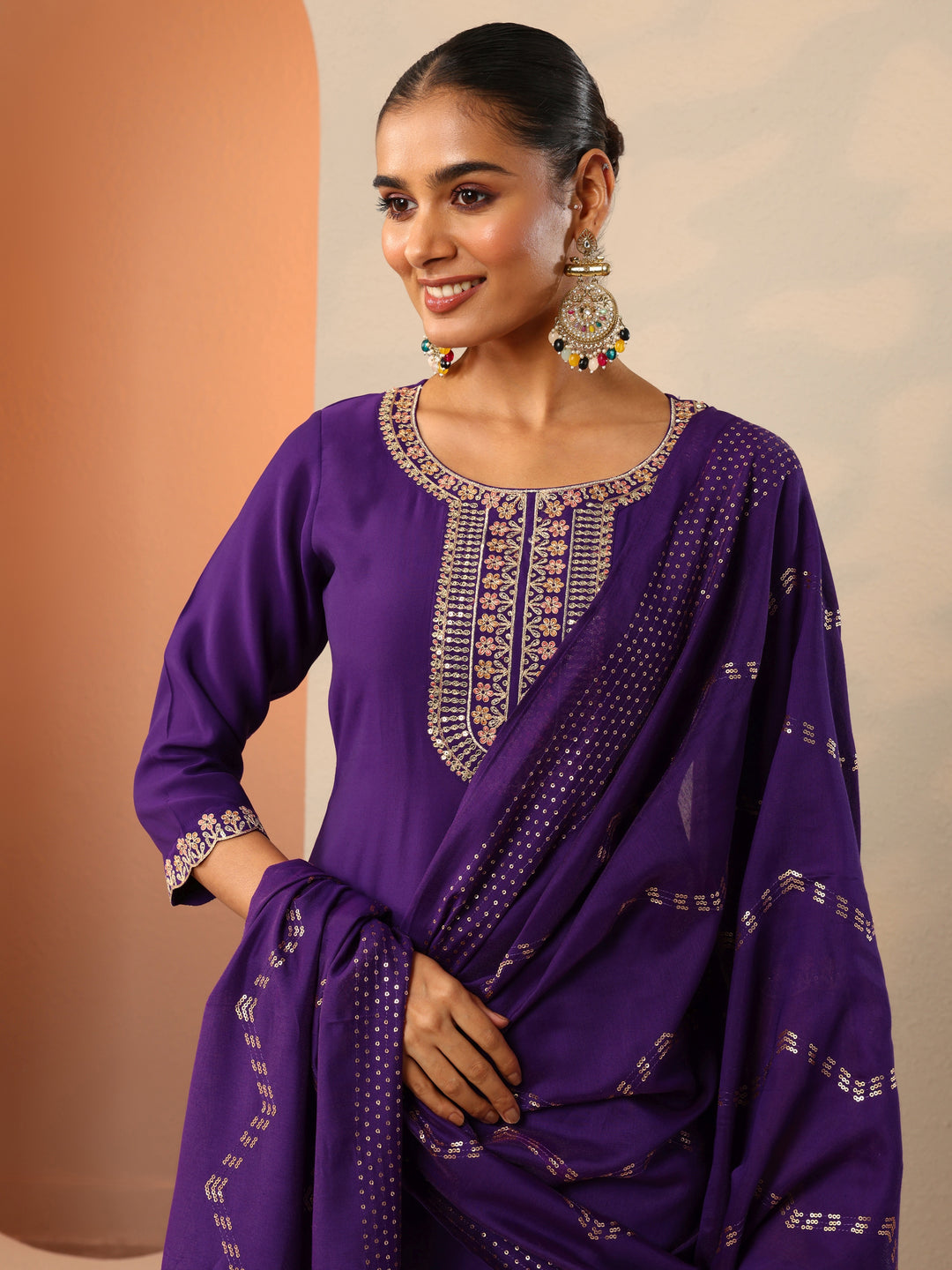 Purple Embroidered Silk Blend Straight Suit Set With Dupatta 
