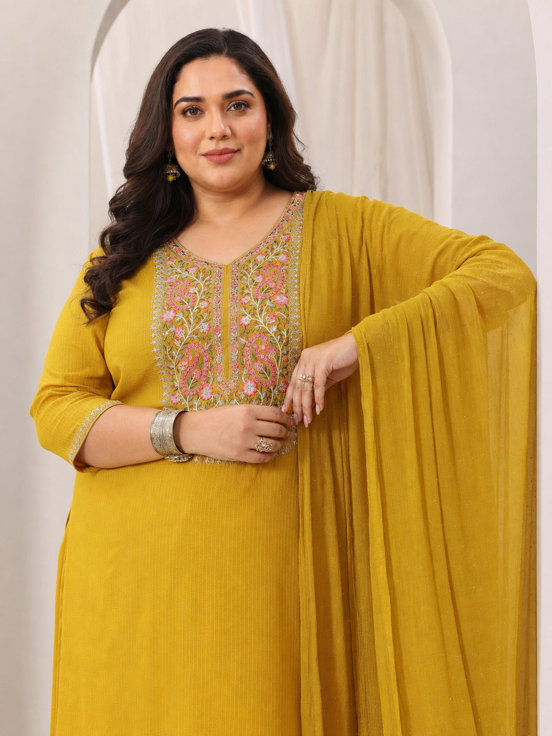  Plus Size Yellow Yoke Design Silk Blend Straight Suit Set With Dupatta 