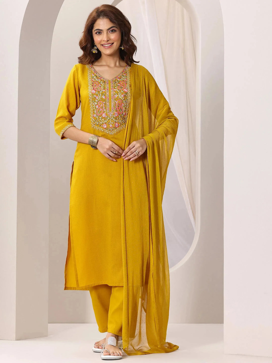  Yellow Yoke Design Silk Blend Straight Suit Set With Dupatta 