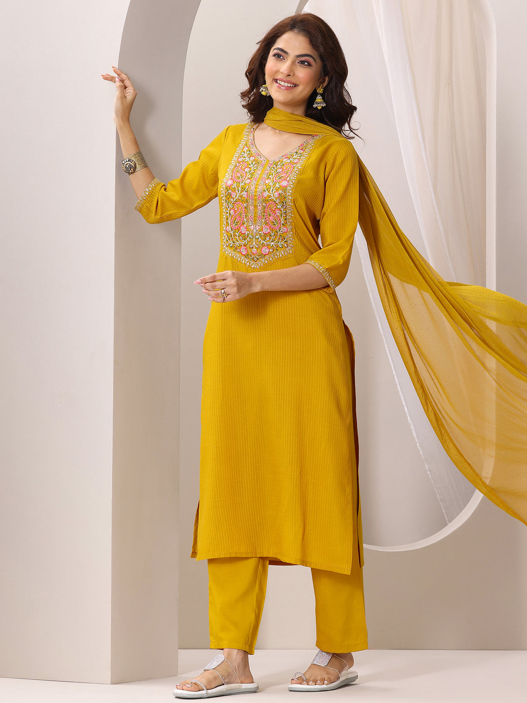  Yellow Yoke Design Silk Blend Straight Suit Set With Dupatta 