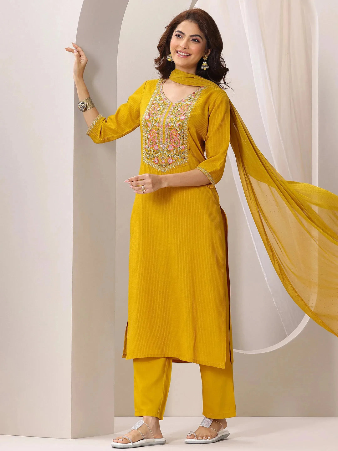 Yellow Yoke Design Silk Blend Straight Suit Set With Dupatta