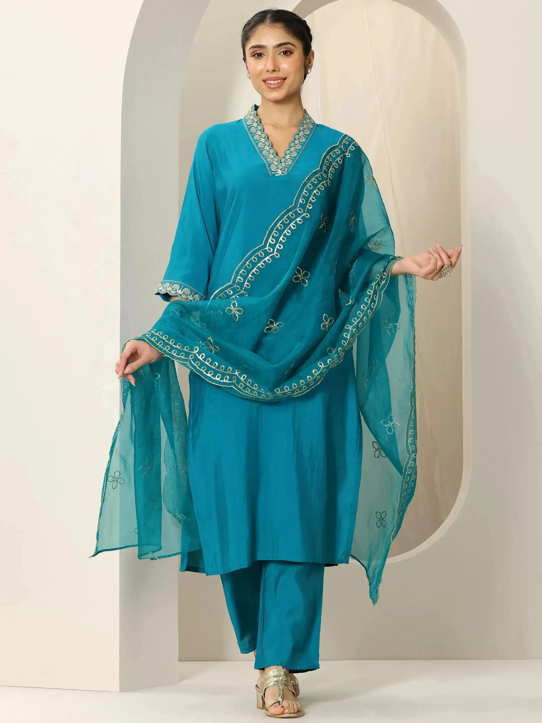  Turquoise Yoke Design Silk Blend Straight Suit Set With Dupatta 