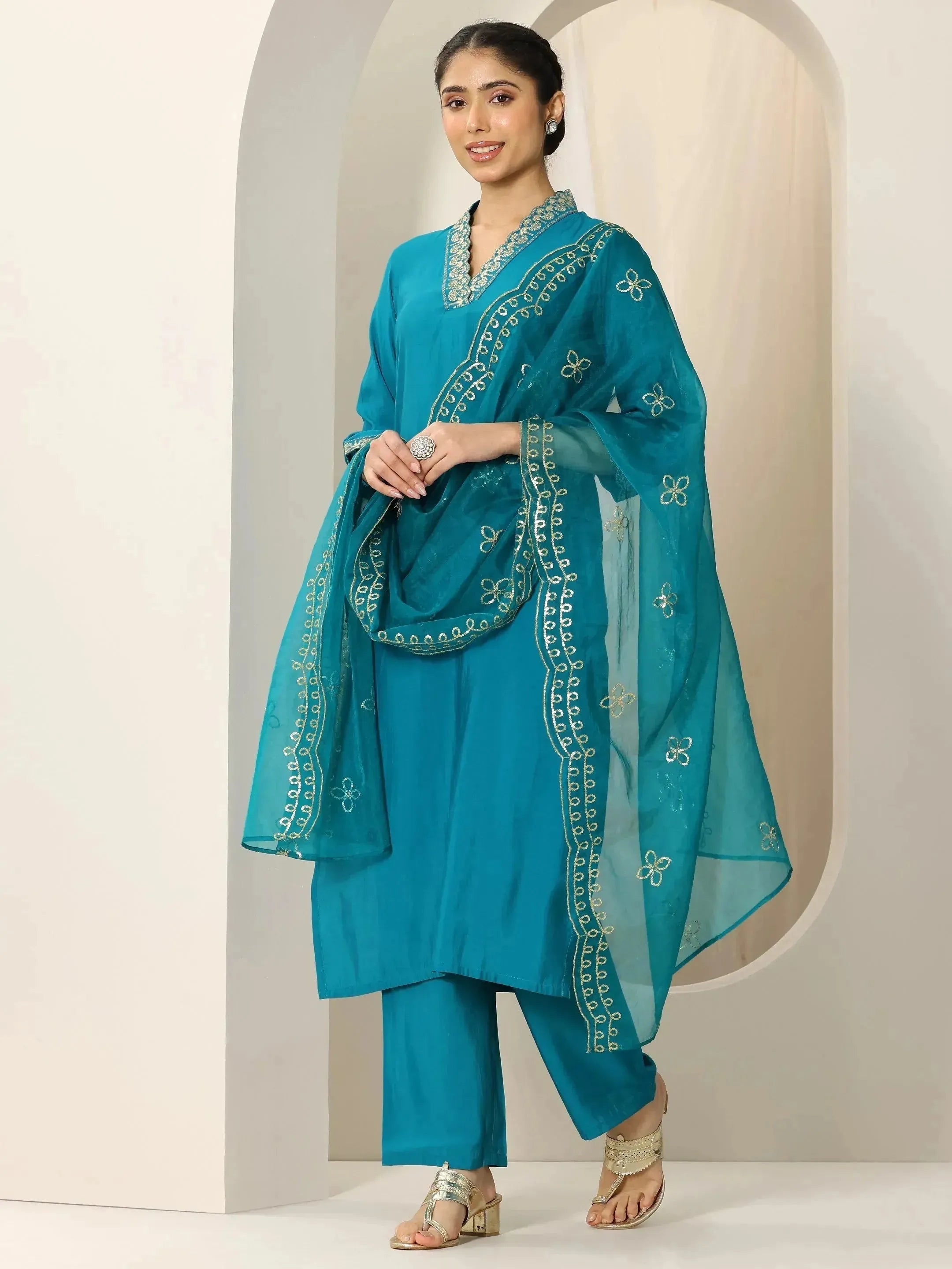 libas Turquoise Yoke Design Silk Blend Straight Suit Set With Dupatta-picture-23