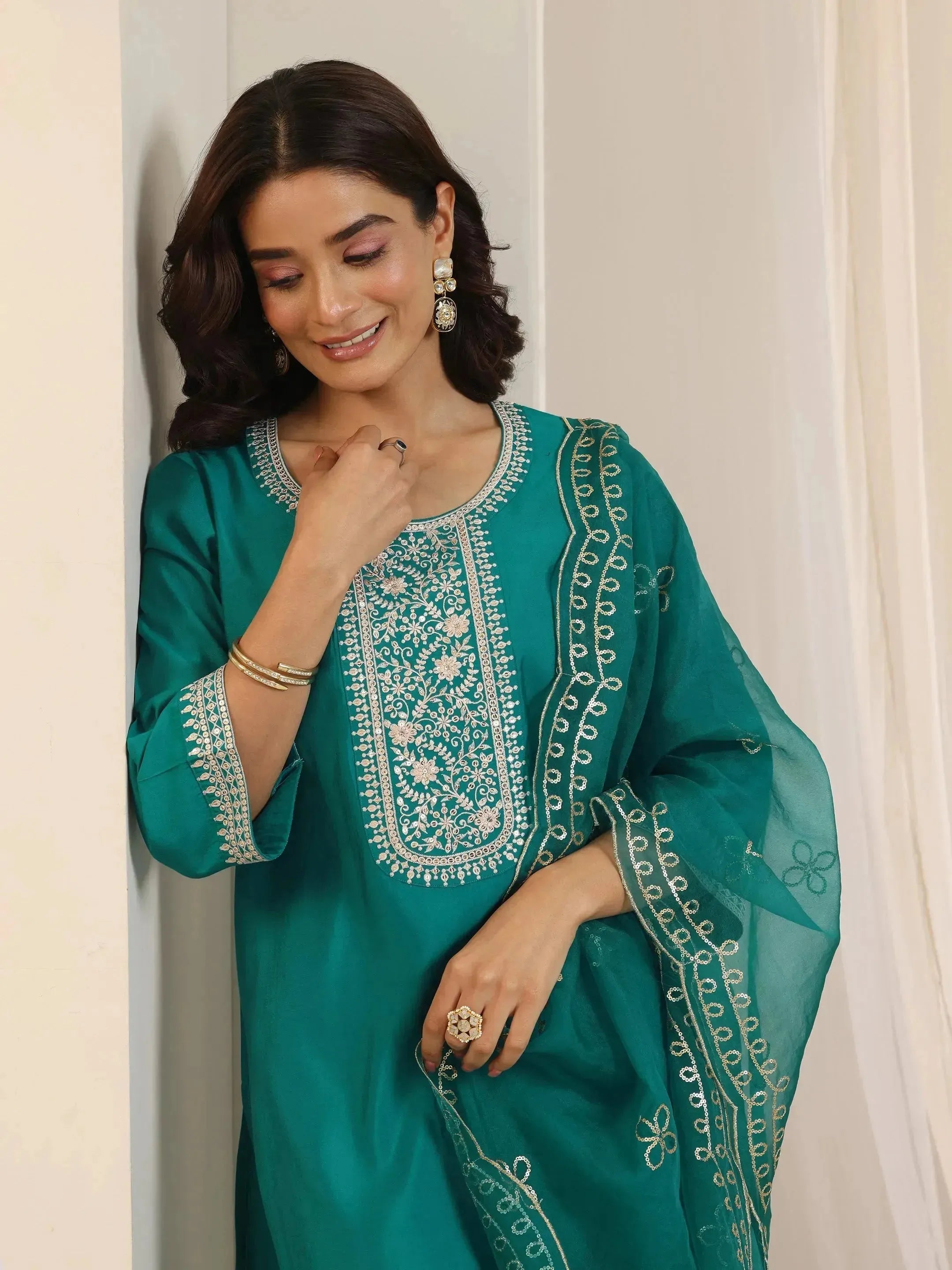 libas Turquoise Yoke Design Silk Blend Straight Suit Set With Dupatta-picture-22