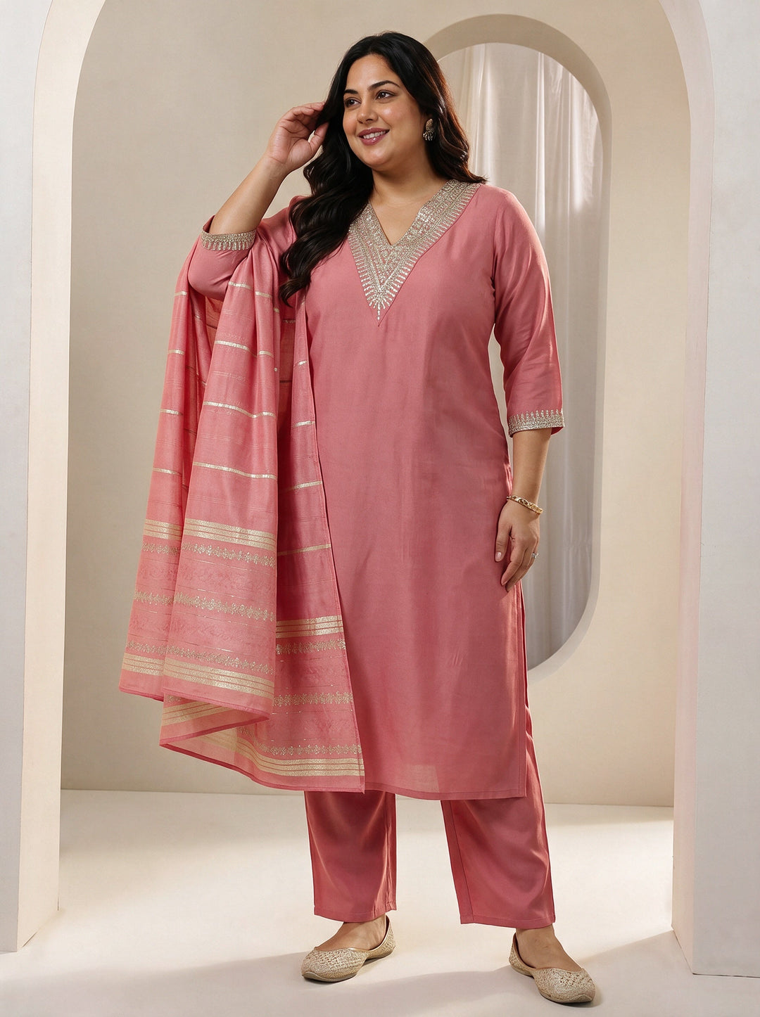  Plus Size Peach Yoke Design Embellished Silk Blend Straight Suit Set 