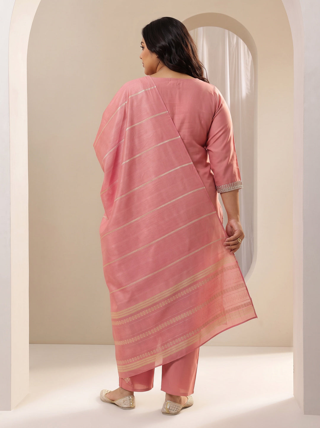  Plus Size Peach Yoke Design Embellished Silk Blend Straight Suit Set 