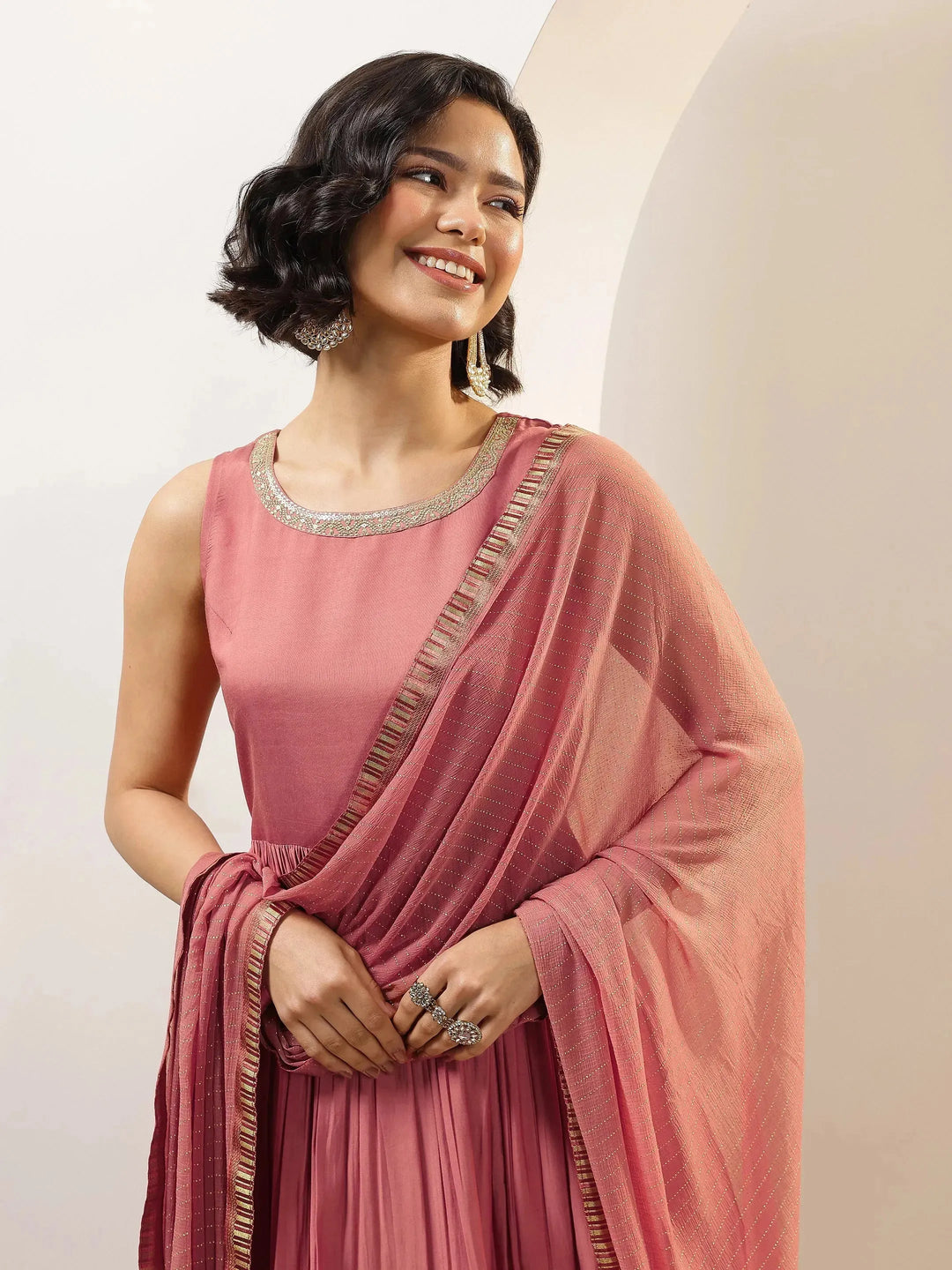  Peach Solid Silk Blend Anarkali Suit Sets With Dupatta 