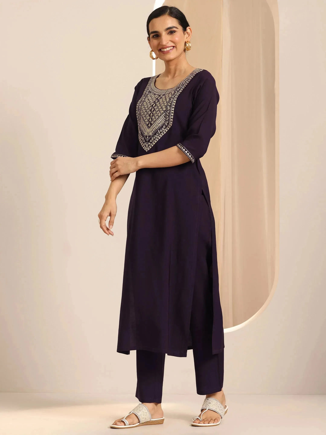 Burgundy Yoke Design Silk Blend Straight Suit Set With Dupatta