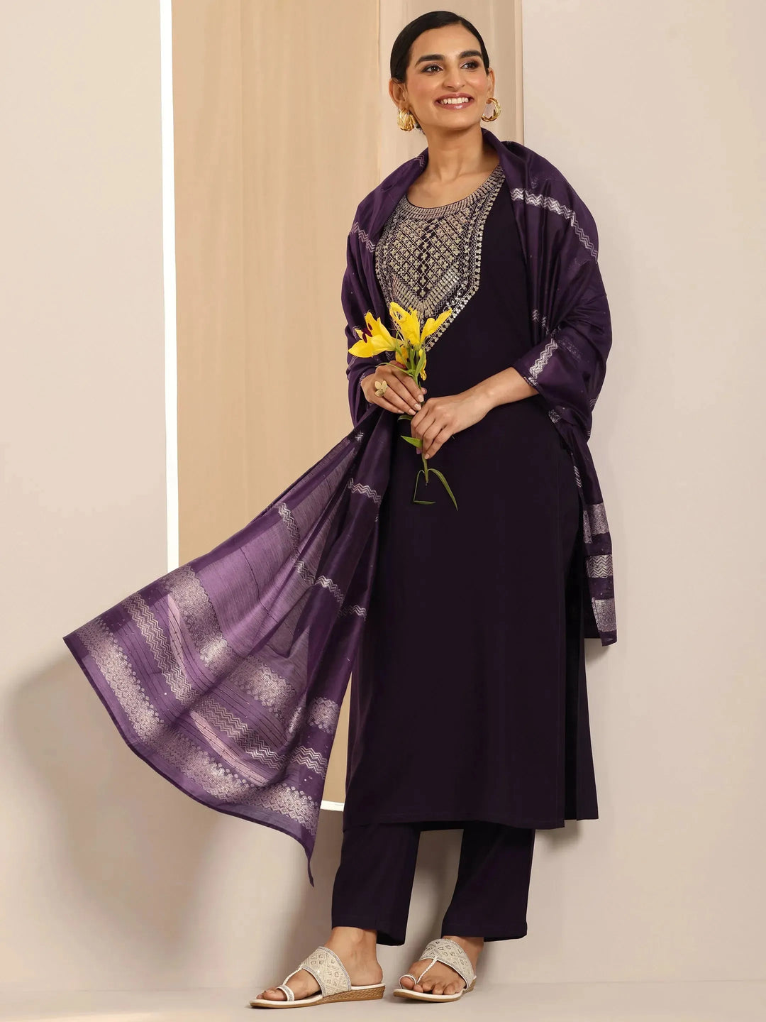  Burgundy Yoke Design Silk Blend Straight Suit Set With Dupatta 