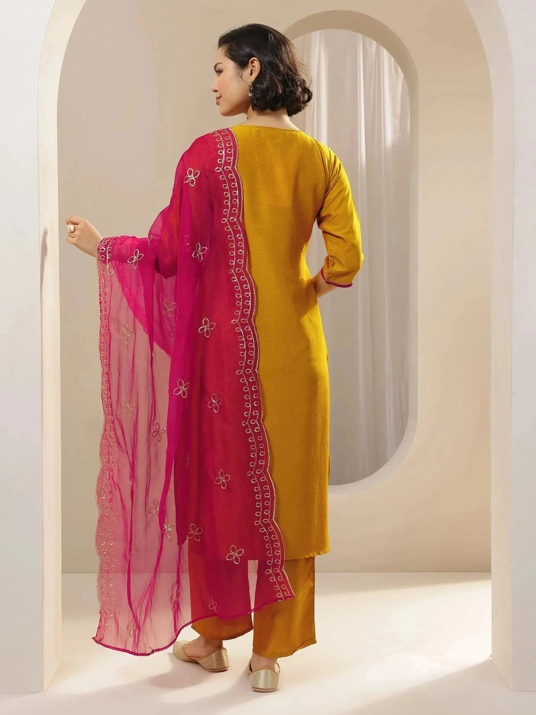  Mustard Embroidered Silk Blend Straight Suit Sets With Dupatta 