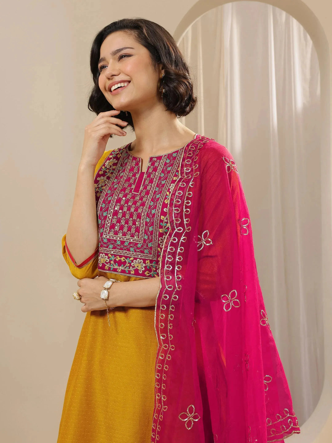 Mustard Embroidered Silk Blend Straight Suit Sets With Dupatta