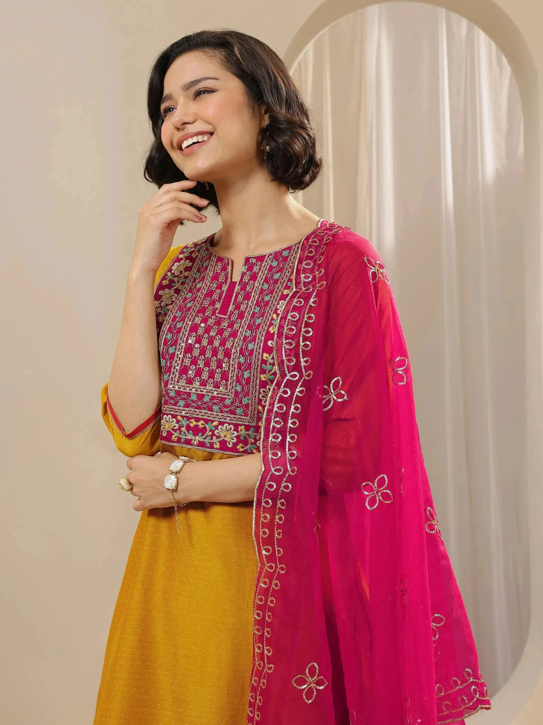  Mustard Embroidered Silk Blend Straight Suit Sets With Dupatta 