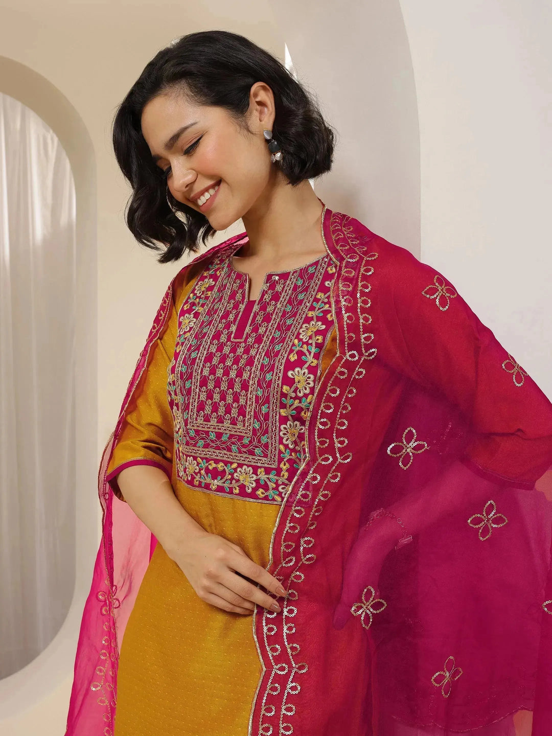  Mustard Embroidered Silk Blend Straight Suit Sets With Dupatta 