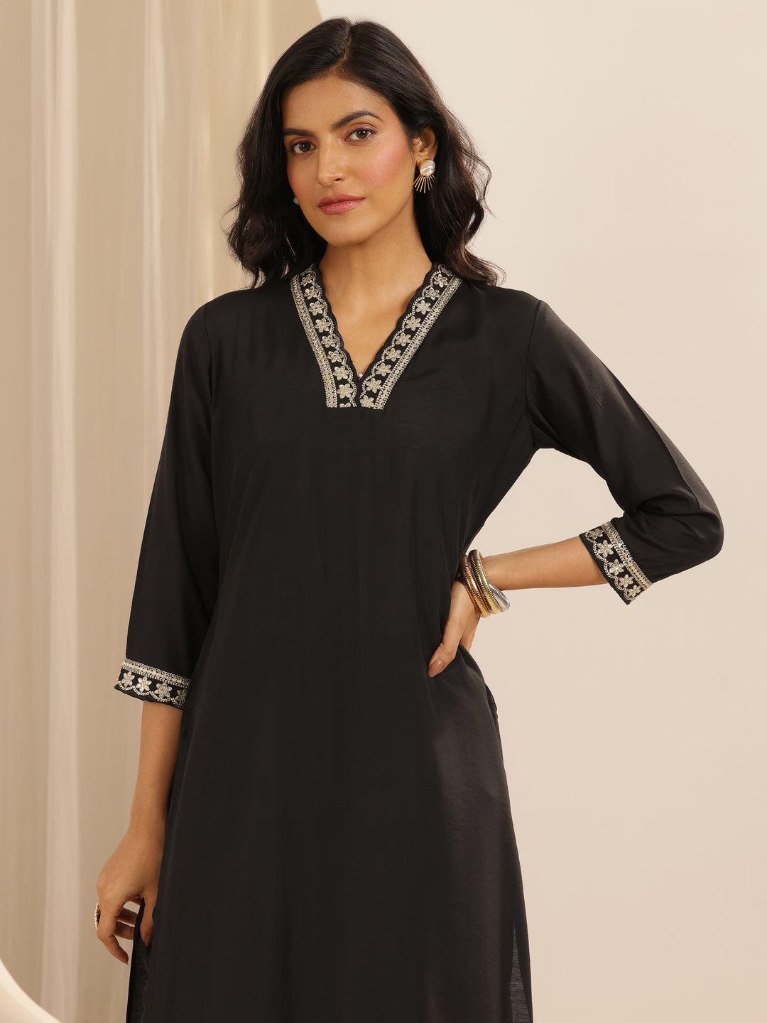  Black Solid Silk blend Straight Suit Set With Dupatta 