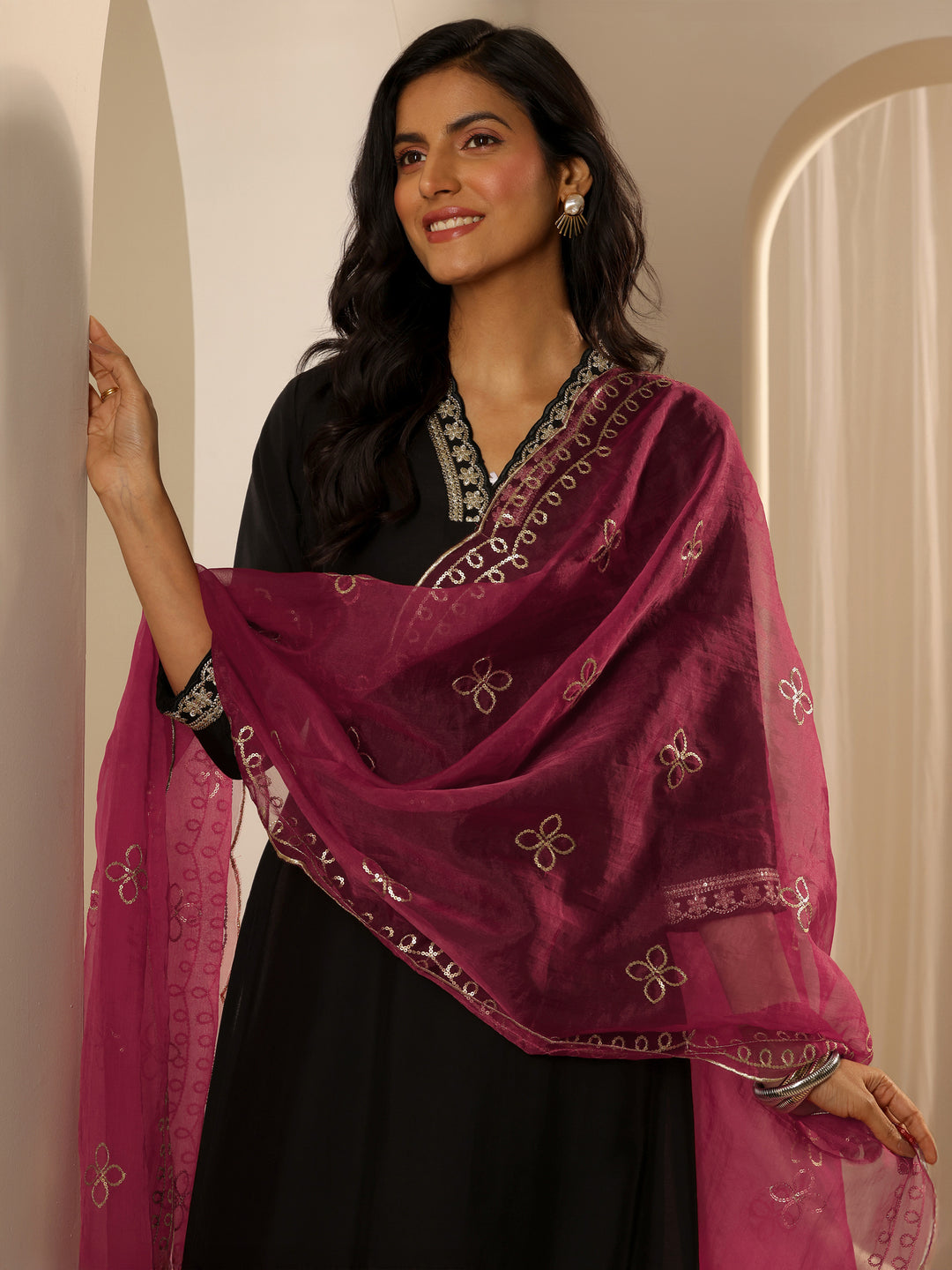 Black Solid Silk blend Straight Suit Set With Dupatta