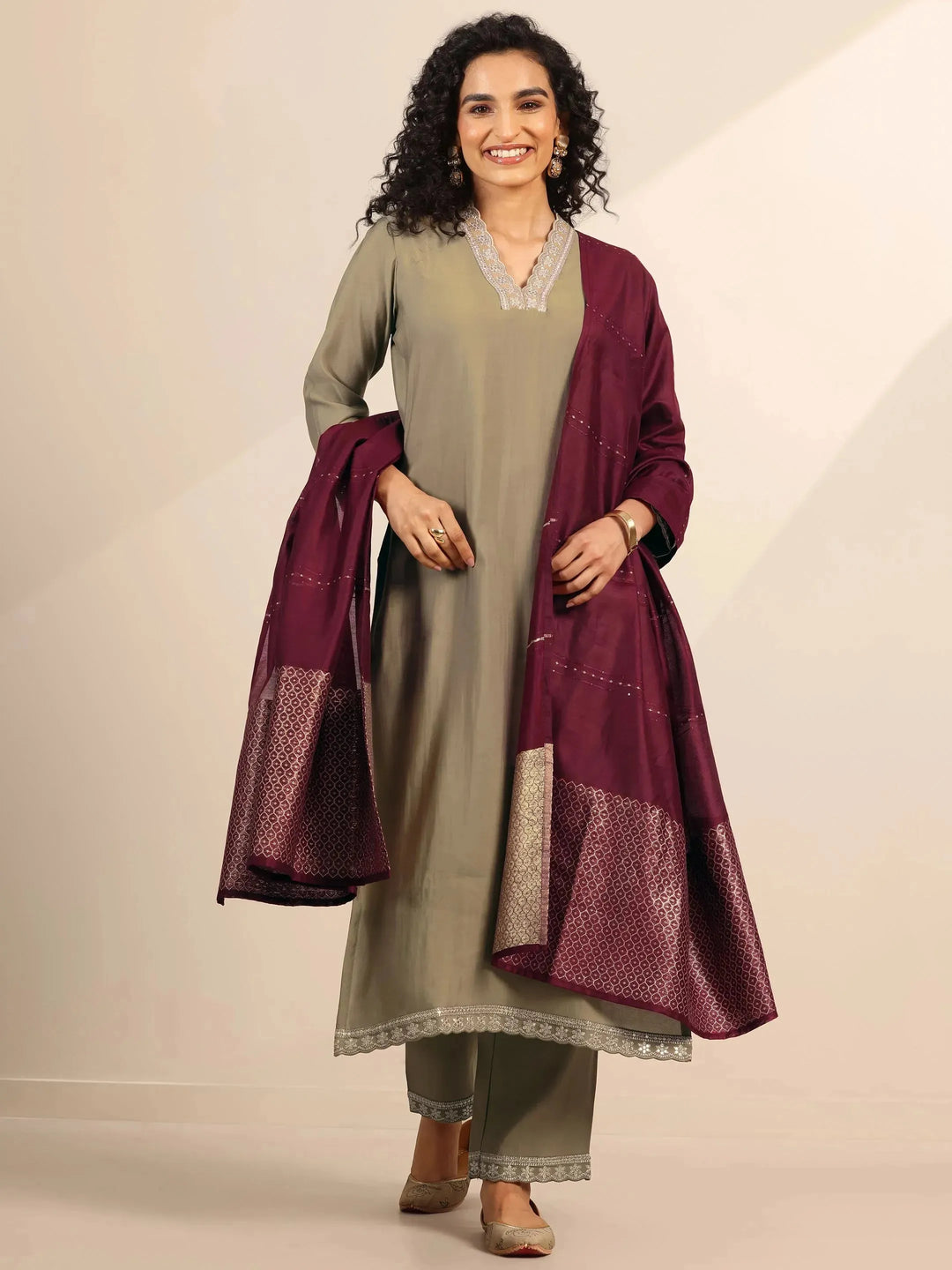  Golden Solid Silk Blend Straight Suit Set With Dupatta 