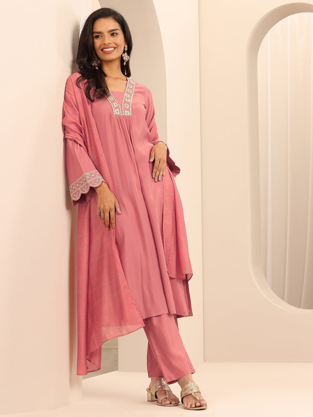 Peach Yoke Design Silk Blend Straight Suit Set With Dupatta