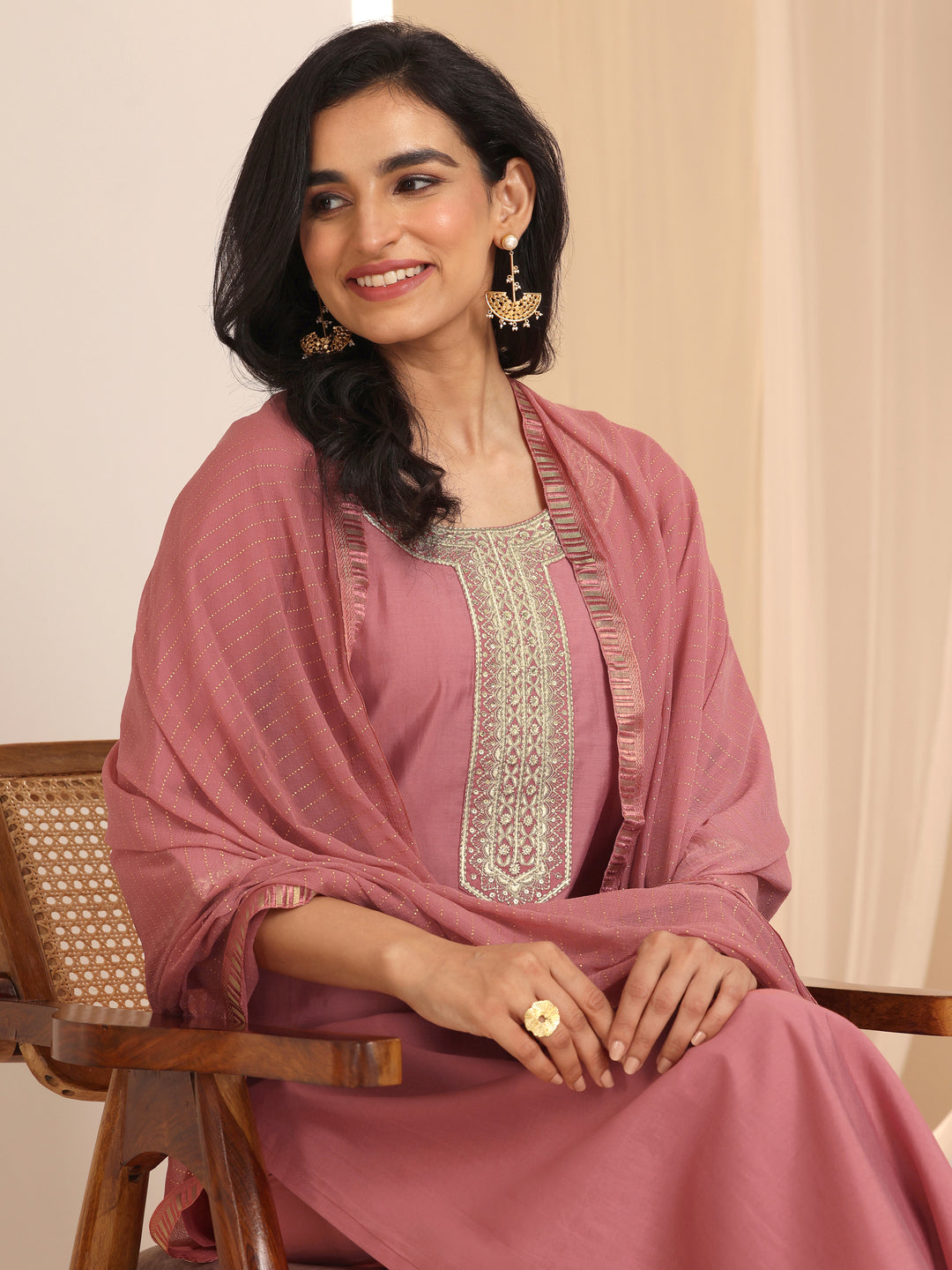 Peach Yoke Design Silk Blend Straight Suit Set With Dupatta