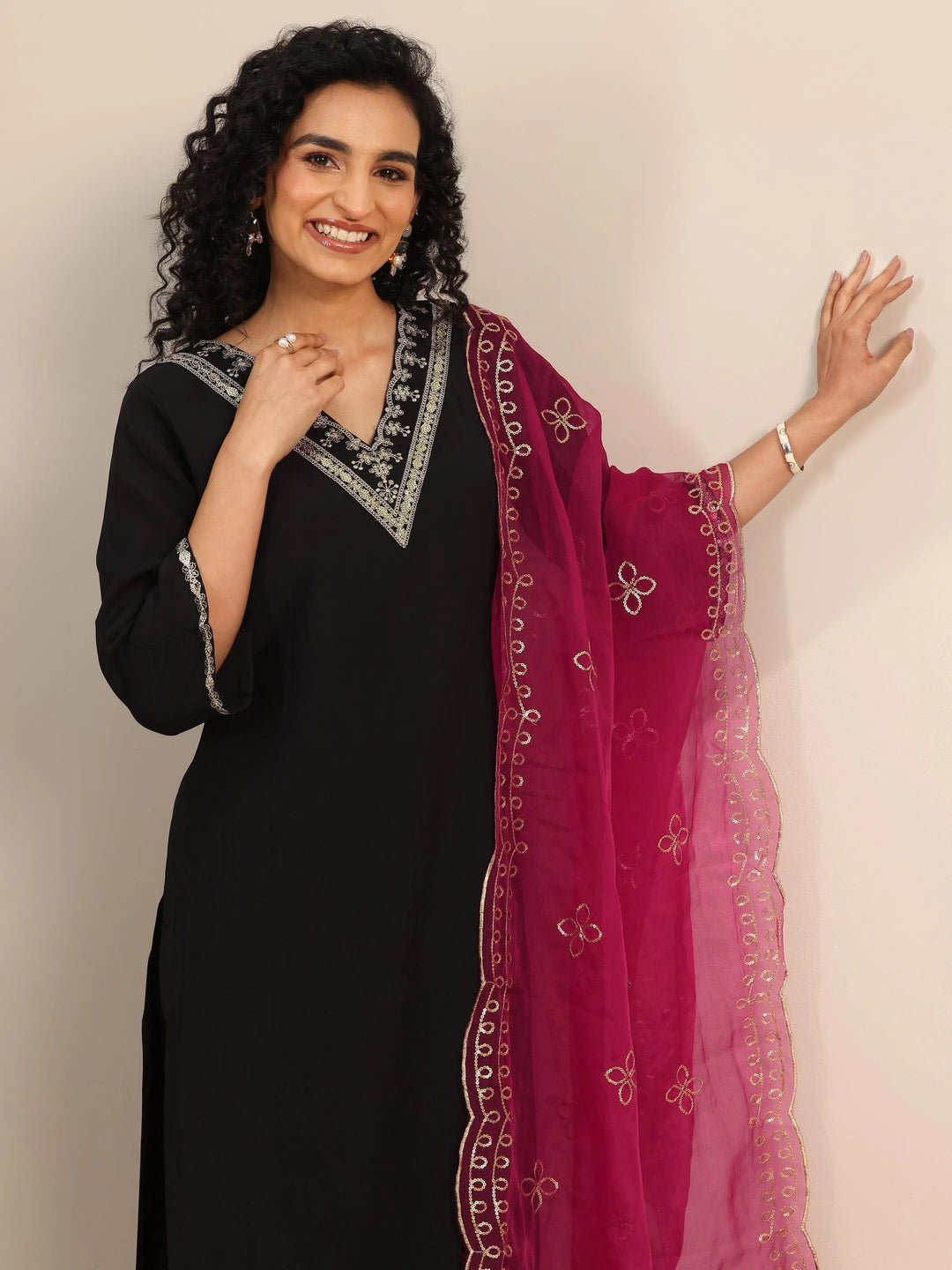  Black Yoke Design Silk Blend Straight Suit Set With Dupatta 