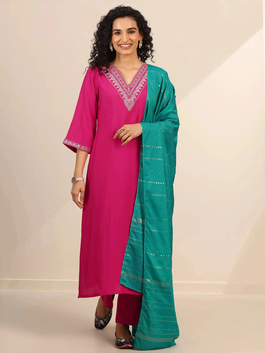  Pink Yoke Design Silk Blend Straight Suit Set With Dupatta 