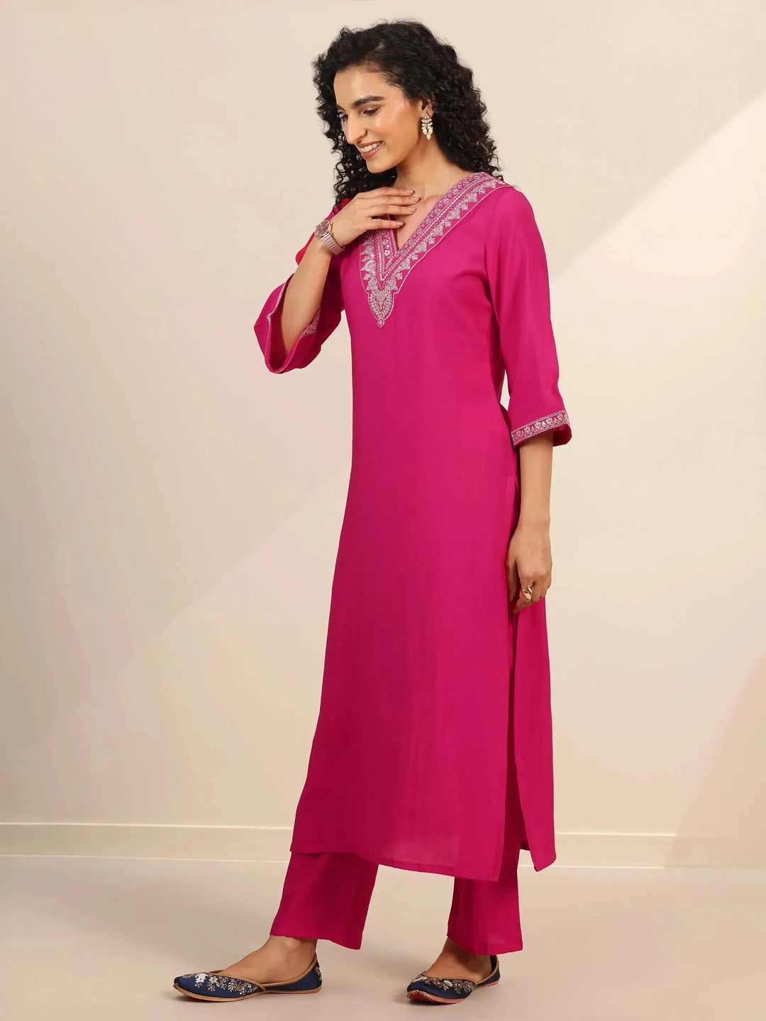 Pink Yoke Design Silk Blend Straight Suit Set With Dupatta