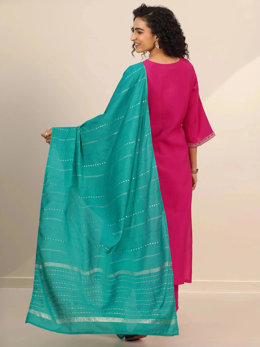  Pink Yoke Design Silk Blend Straight Suit Set With Dupatta 