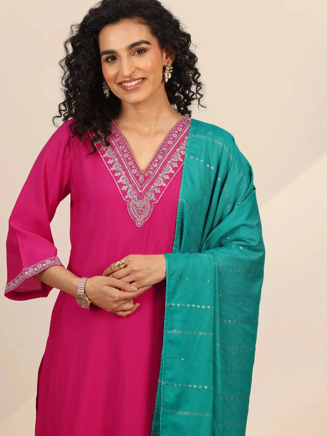  Pink Yoke Design Silk Blend Straight Suit Set With Dupatta 